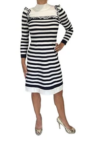 KAREN MILLEN MARINEBLAU WEISS MARITIM GESTREIFT LANGARM RÜSCHEN STRICK ETUIKLEID S - Bild 1 von 11