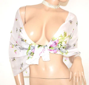 Foulard donna stola 40% seta bianco grigio scialle coprispalle fiori velato UH30 - Foto 1 di 2