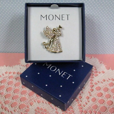 Monet Angel With Horn Brooch Small Pin Gold-Tone Crystal Pave Signed New In Box - Image 1 of 4