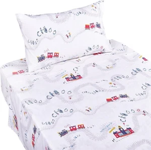 J-Pinno Train Bedding Set 100% Cotton Flat Sheet + Fitted Sheet + Pillowcase - Picture 1 of 3