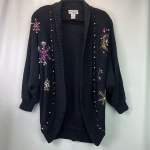 Cárdigan Suéter Vintage P’Galli Designs Negro Adornado Talla Mediana Años 80 90 - Imagen 1 de 9