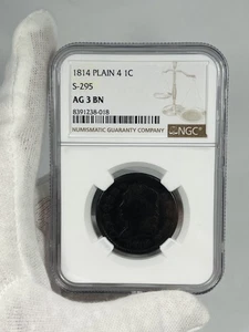 1814 LARGE CENT PLAIN 4 NGC AG 3 BN S-295 1C COIN - Picture 1 of 4