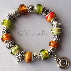 Tea Time European Charm Bracelet - Brown Green Lampwork Glass Bead w Tea Charms - Picture 1 of 5