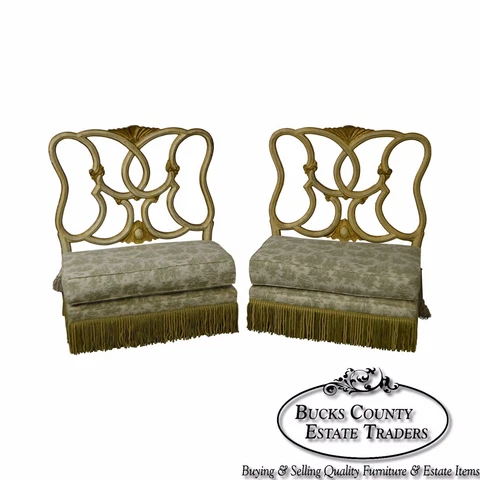 Antique Italian Painted & Upholstered Pair of Foyer Settees Benches Cover