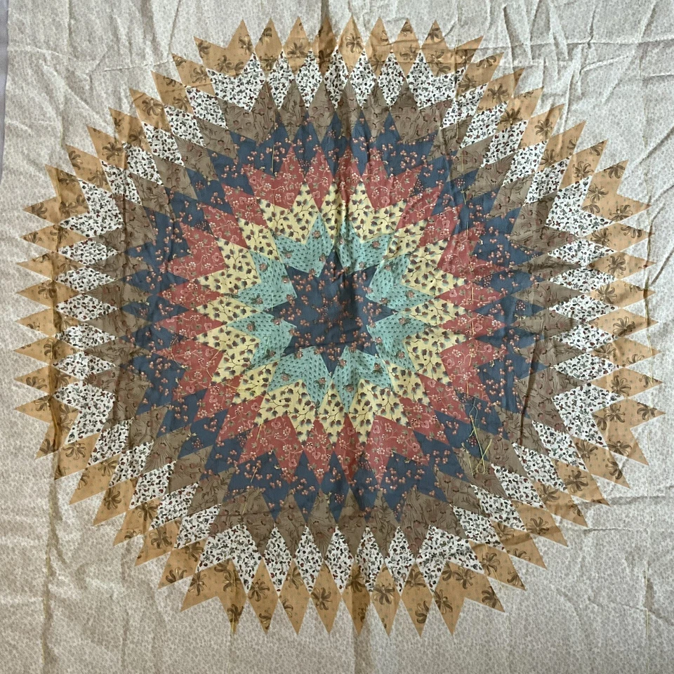Vintage Fabric Panel Star Burst Farmhouse Cotton Started Quilt 3 Layers 35 x 43 - Image 1 of 4