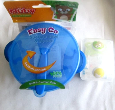 2-Nuby Bowl Lid Spoon Easy Go Feeding & MAM Orthodontic 2 Nipples 0-6m BPA Free - Image 1 of 4