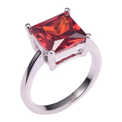 Princess Cut,Big Stone Red Garnet Lady's Ring, White Gold Plated ,Size 5,6,7,8,9 - Image 1 of 4