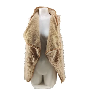 Fall Winter Women Faux Fur Teddy Vest Jacket M(8-10) Beige Faux Leather Binding - Picture 1 of 17