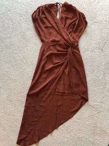 Forever 21 Contemporary Brown Asymmetrical Hem Satin Wrap Dress Small New Cinch - Picture 1 of 12