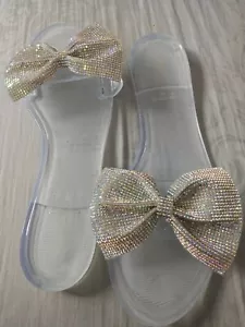 Rhinestone Bow Slide Flat Jelly Sandal 9 - Picture 1 of 4
