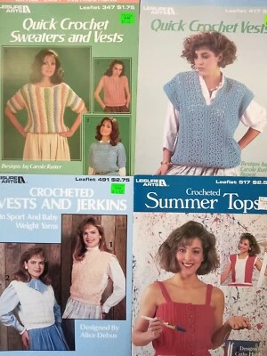 Leisure Arts VTG 80s Crochet Summer Top Sweater Vest Jerkin Lot 4 Pattern Leafle - Image 1 of 4