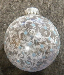 Vintage Hand Stenciled Blue and White Clear Glass Ornament made in West Germany - Bild 1 von 2