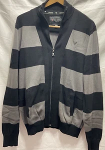 GUESS Black & Gray Wide Stripe full zip mock neck men sweater size M pockets - Picture 1 of 22