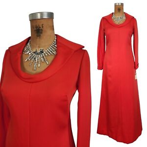 Vtg 70s Prom Dress Scoop Neck Statement Collar Red Modest Maxi Gown Tailored S/M