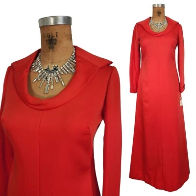 Vtg 70s Maxi Dress S/M Scoop Neck Open Statement Collar Red Modest Gown Tailored - Image 1 of 4