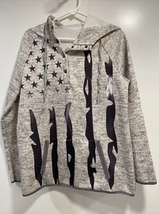 Hoodie Four Snap, Sz L? Blue Distressed Look Graphics Gray Pullover Pocket - Picture 1 of 9