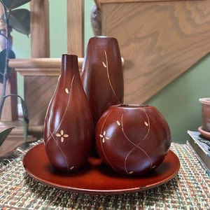 Set of 3 Wooden Vases Floral Etched on Plate MCM BoHo Centerpiece - Picture 1 of 9