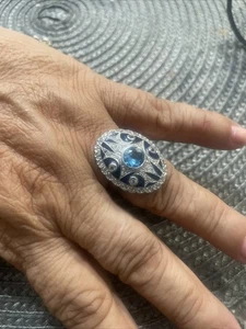 925 Sterling Silver Blue Topaz & Cz Gemstone Ring Sz 9 - Picture 1 of 17