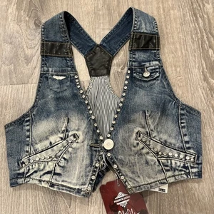 Vintage Denim Vest L Blue Jean Western Rodeo Cowgirl 90s Y2K NEW Size Large - Picture 1 of 3