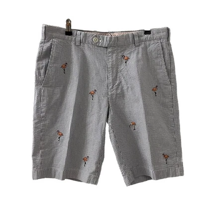 Pantalones Cortos Brooks Brothers Seersucker Azul Blanco Rayas Flamenco Bordados Talla 34 Foto 1 de 4