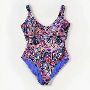 ANNE COLE Womens Plus Size 22W One-Piece Swimsuit Paisley Parade V Front Detail - Picture 1 of 15