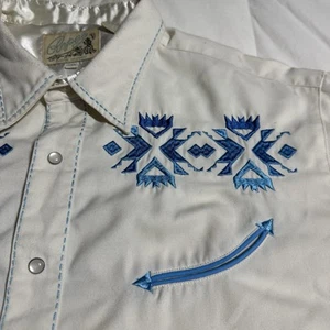 Roper Embroidered Retro Southwestern Pearl Snap Shirt Blue / Cream Aztec Sz. 2XL - Picture 1 of 8
