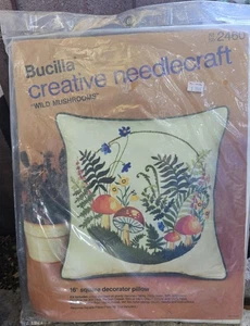 VTG Bucilla Crewel Needlecraft Kit 2460 Wild Mushrooms Pillow 16” NOS Unopened  - Picture 1 of 7