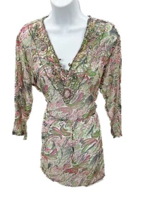 Große transparente Tunika Top Strand Resort Cover Up Gürtel Taille 3/4 Ärmel verziert - Bild 1 von 6