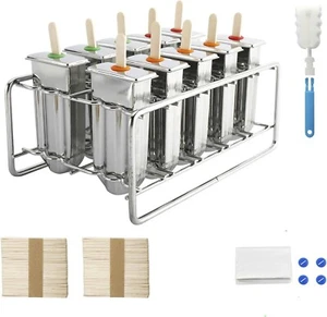 10 Pack Stainless Steel Popsicle Molds Ice Lolly Molds w/ Wooden Sticks and Bags - Picture 1 of 9