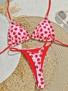 Women's Kawaii Red Strawberry Sexy Cute Swimwear Cheeky Thong Bikini Swim Set - Picture 1 of 18