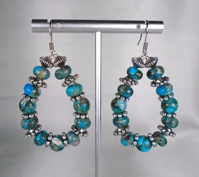 Southwestern Boho Imperial Jasper Metal Beads Silver Hoop Pierced Earrings - Image 1 of 4