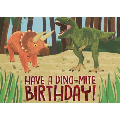 Tarjeta de cumpleaños juvenil dinosaurios Dino-Mite T-Rex y Triceratops Foto 1 de 2
