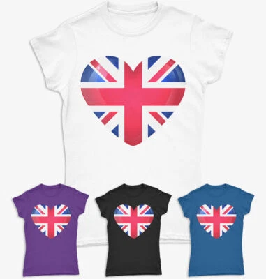 Union Jack Heart England UK Flag Ladies T-Shirts Girls Fit Fashionable Tee Top#A - Image 1 of 4