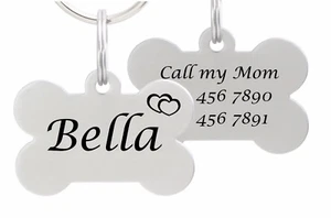 Double Sided Laser Etched Stainless Steel Pet ID Tag for Dog & Cat Tag Bone - Picture 1 of 17