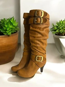 Two Lips Camel Fargo Knee High Heeled Boot Gold Buckle Boots Women’s Size 8.5 - Picture 1 of 9