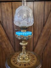 Rare Wright Butler Brass & Blue Glass Oil Lamp Early 1900 - Birmingham Mark