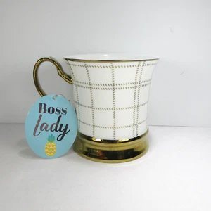 Boss Lady 10 Strawberry Street Coffee Mug Winter White Metallic Gold Plaid Aspen - Picture 1 of 12
