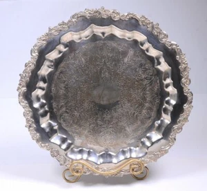 Antique SHERIDAN Silverplate Very Ornate Flowers & Scroll Round Tray 17.5"D - Picture 1 of 10