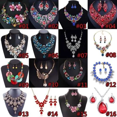 Women's Statement Bib Choker Crystal Pendant Necklace Earrings Party Jewelry Set - Image 1 of 4