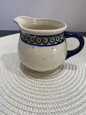 Pequeña cerámica polaca Boleslawiec crema azul patrón de lunares 3,25" de alto Foto 1 de 4