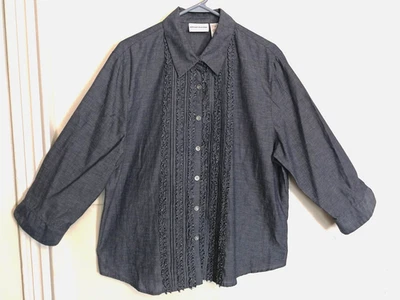 Blusa para mujer Alfred Dunner 18 Plus mezcla de lino azul con botones manga 3/4 volantes Foto 1 de 4