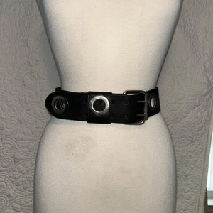 Vintage 80’s A. BROD Mujer’s Cinturón Cuero Negro Grande Plata Ojales Talla M - Imagen 1 de 7