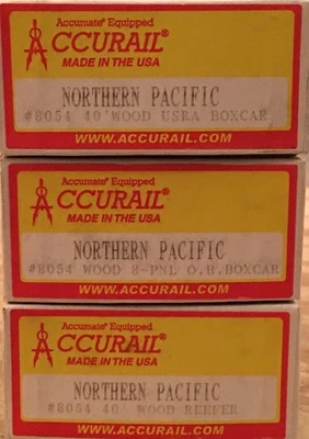 Kits de frigorífico y vagón de madera HO Accurail 8054 Northern Pacific 40’ (juego de 3 autos) NP Foto 1 de 2