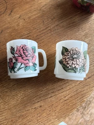 2 Vintage GLASBAKE Milk Glass Mug Rose And L Zinnia Flowers - Image 1 of 4