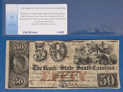 1861  $50 Fifty Dollars Note Bank of South Carolina Charleston  Cancelled - Image 1 of 4