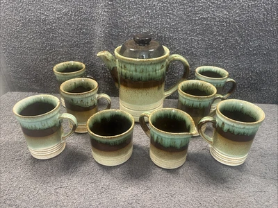 Tea Set Ashdale Pottery 6 mug, Sugar, Tea / Coffee Pot + Jug  in Green / Brown - Image 1 of 4