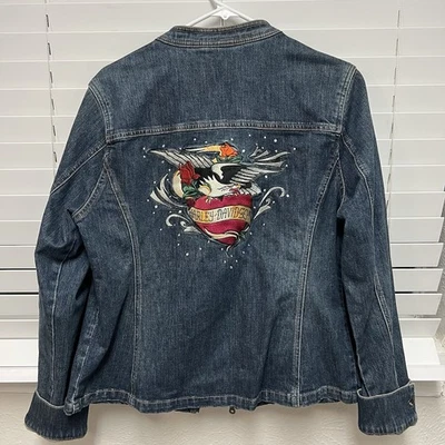 Harley-Davidson Embroidered Heart Eagle Rhinestone Denim Jacket XL **SEE PICS** - Image 1 of 4