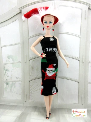 FITS BARBIE CHRISTMAS SANTA CLAUS KNIT SWEATER DOLL DRESS HAT by HANKIE COUTURE! - Image 1 of 4