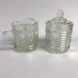 Vintage Federal Indiana Glas Windsor Knopf & Rohr Milchkännchen Zuckerdose mit Deckel Set - Bild 1 von 12