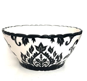 222 Fifth Damask Black & White Serving Bowl 9.25"w x 4 25"h Black Rims Stoneware - Picture 1 of 13